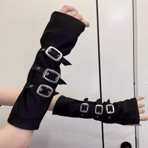 LUMINOU Black Fingerless Gloves Buckle Design Gothic Punk Style Elbow Gloves Harajuku Hip Hop Party Metal Button Gloves For Women Men