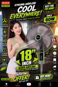 AIWA 18" Stand Fan 3 Speeds Control Oscillation AW-18SF - 5 Blades