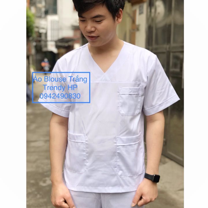 Áo blouse trắng nam cổ tim - áo blu tá, dược sĩ, bác sĩ phẫu thuật trắng nam