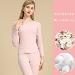 Womens Thermal Underwear Winter 2-Piece Set Wool and Silk Patches Thick Double Layer Warm Clothes Long Bottom Pants Shirt