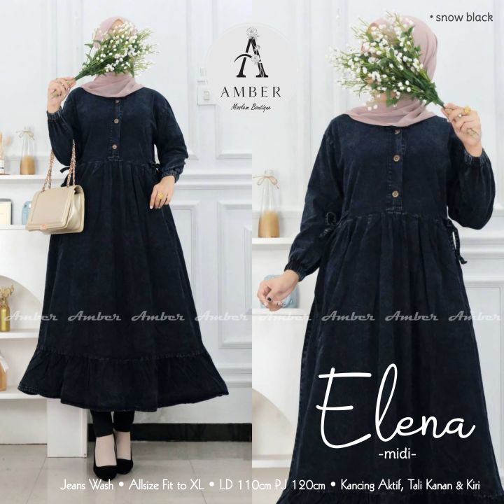 ELENA Midi Dress Jeans Wanita Kekinian Premium Terbaru Ori - Midi Dress  Busui Friendly Serut Tali Pinggang - Long Tunik dan Midi Dress Remaja by  BERHIJAB | Lazada Indonesia