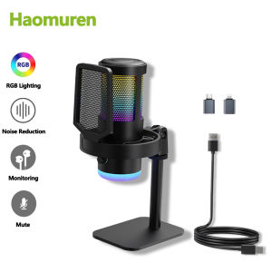 Haomuren USB RGB condenser microphone Tap-to-Mute cancel noise Headphone Jack Montoring Control for Recording Streaming Gaming