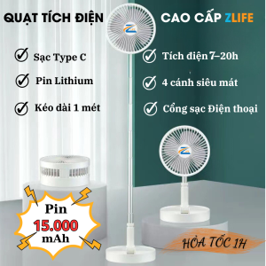Quạt Tích Điện Pin Sạc 15.000mAh Sử Dụng 7-20 Tiếng Có Thể Gấp Gọn Kéo Cao 1 Mét Quạt Mini Để Bàn Zlife