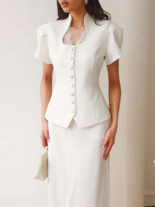 Elegant Fitted Shirts Women V Neck Lace Patchwork Single Breasted Puffy Short Sleeves Solid Blouse Female 2026 Spring New Tops2026