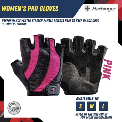 Harbinger Womens Pro Gloves PinkWrist Wrap Support Exercise Training Gloves - Workout Weight Lifting Body Building Gloves - Comes in 1 pair- Shipment From Singapore