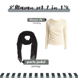 One Set 3in1 Casual Wanita Hijab Paris premium & Blouse Knit Kekinian Cream & Celana Jeans Retro 09A