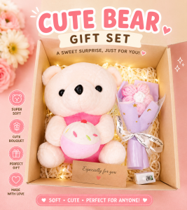 Cute Bear Gift Set with Flower Bouquet & Personalized Card for Girlfriend Wife Best Friend Mom Sister Kids Birthday Anniversary Christmas Valentines Day Mothers Day Graduation Appreciation Gift