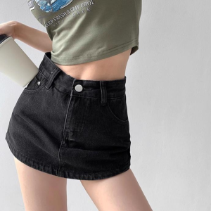 Plus Size Denim Skort high waist a-line Mini skirt with short for women