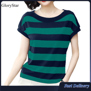 Glorystar Phụ nữ mùa hè lỏng lẻo t Áo sơ mi sọc cổ tròn in họa tiết tay ngắn Tops