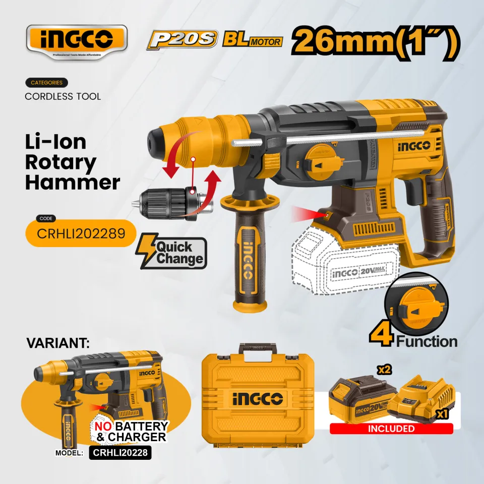Ingco 20V Brushless SDS Plus Rotary Hammer Drill Cordless Concrete  Drilling Chiseling Power Tool CRHLI202289 ICPT