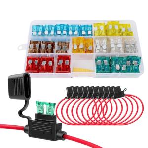 130pcs Car Fuses Holders Set 12/16AWG Wire Accessory for Automotive Use Includes 14 Assorted Standard Flat Fuses