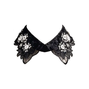 Womens Girls Lace False Collar Embroidery Floral Beaded Lapel Ruffled Stand Collar Detachable Neckwear Dress Accessory
