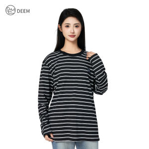 DEEM Womens T-shirt Black and White Striped Embroidered Logo Long Sleeved tshirt Perempuan Lengan Panjang Hitam Putih Berjalur Baju