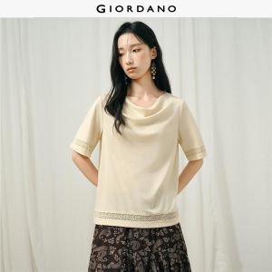 Giordano Women Cowl neck lace inset 1/2 sleeve tee Free Shipping 18326714