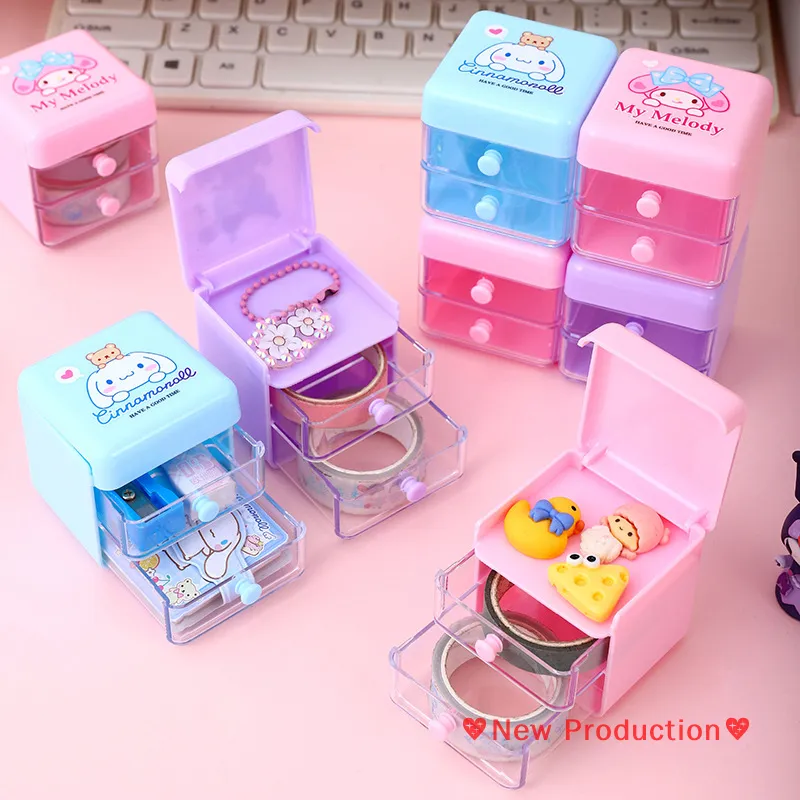 New Production💖 Cute Cartoon Sanrio Hello Kitty Cinnamoroll My Melody  Kuromi Storage Box With Mini Drawer Jewelry Finishing Box Desk Organizer