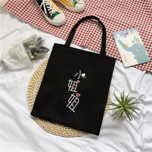 Women Black Shopping Bag Cartoon Print Girl Cat Heart Gothic Ladies Shoulder Handbags Reusable Grocery Shopper Tote Bags