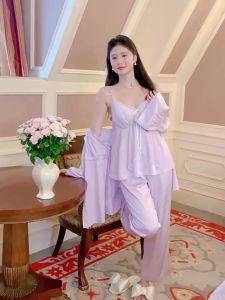 HT931 Bộ ngủ 3 món phối ren hách dáng kèm ĐỆM LÓTđồ ngủ LYLY lụa tay loe sang chảnh HT931