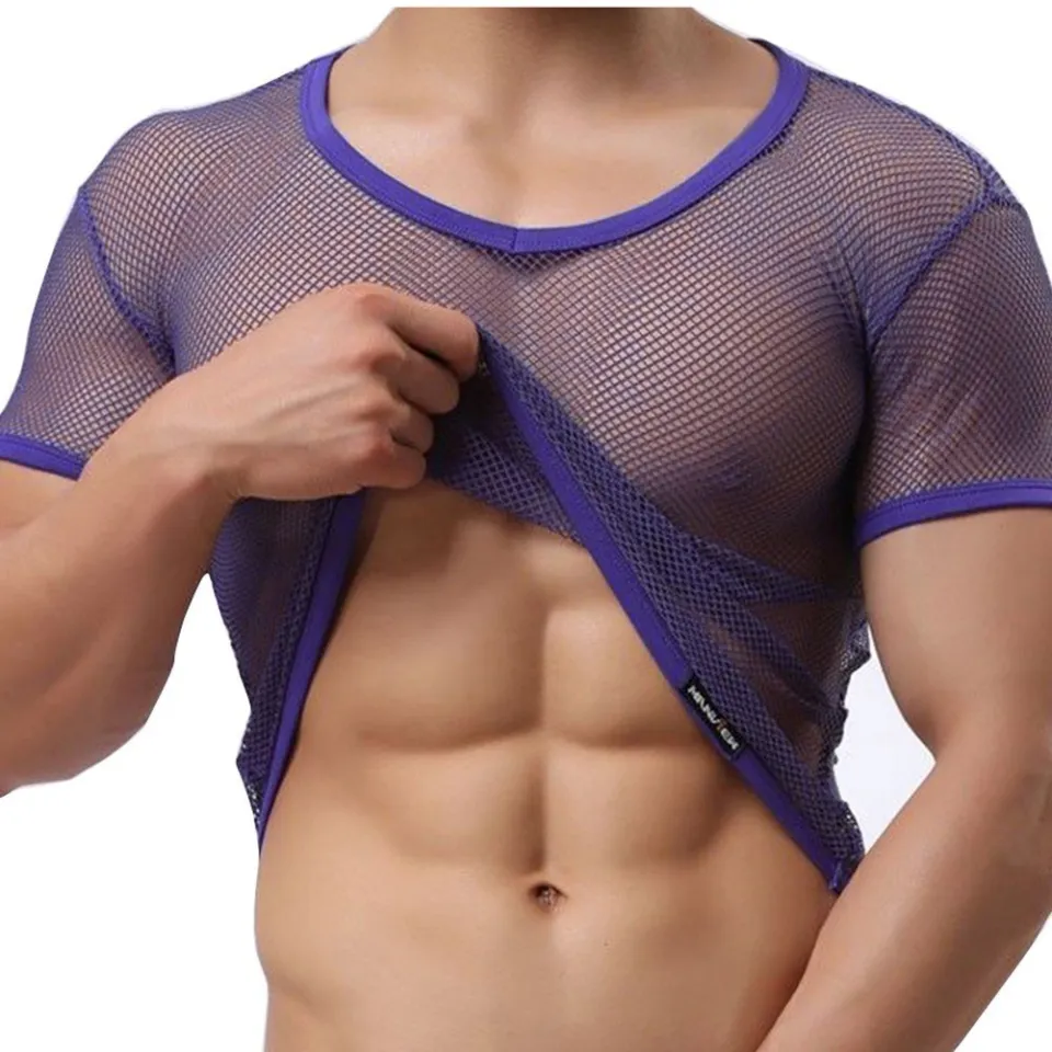 Sexy Men Mesh See Through T-Shirt Fishnet Clubwear Short Sleeve Top  Undershirt