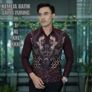 Batik Pria Lapis Furing SLIMFIT Kemeja Batik Pria Lengan Panjang Standar dan Jumbo Motif Senopati Maroon Burgundy
