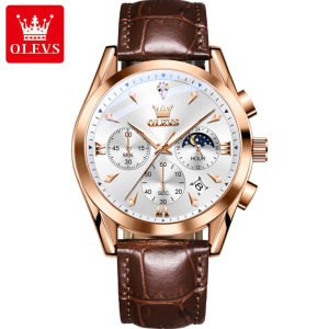 OLEVS 3609 Quartz Men Fashion Watch Gift Round-dial Leather Watchband Wristwatch Calendar Small second