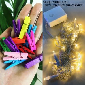 COMBO 20 KẸP GỖ THÔNG+1 DÂY ĐÈN LED XÀI ĐIỆN CHỚP NHÁY- DÀI 4M 32 BÓNG ĐÈN FAIRY LIGHT VÀNG ẤM KẸP ẢNH GIÁ RẺ