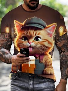 Summer Funny Men Cute Cat Printed Short Sleeves T-Shirt 3D Animal Pattern Round Neck T-Shirts for Men Casual Top Mens Clothing