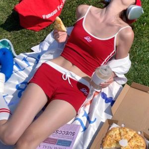 NEXTGENYUN Casual Embroidered Sports Set Breathable Letter Stitching U-Neck Vest Womens Wear Soft Drawstring Shorts Sports Activities