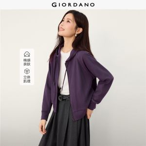 GIORDANO Women Hoodies Waffle Texture Full Zip Hoodies Raglan Sleeve Fashionable Casual Loose Hoodies 13376102