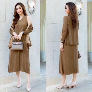 Cutie Minute อก ฟรีไซส์ 40-64" Pleated เดรส+เสื้อคลุมผ้าอัดพลีทกระดูกงูเกรดพรีเมี่ยมสลับแต่งงานสี ดีเทลแต่งพู่ที่ปลายเสื้อ