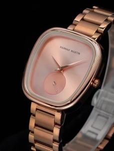 Hannah Martin Womens Stainless Steel Watch with Steel Band Quartz Watch   Creative Two-Hand Half Barrel Design European and American Style Watch