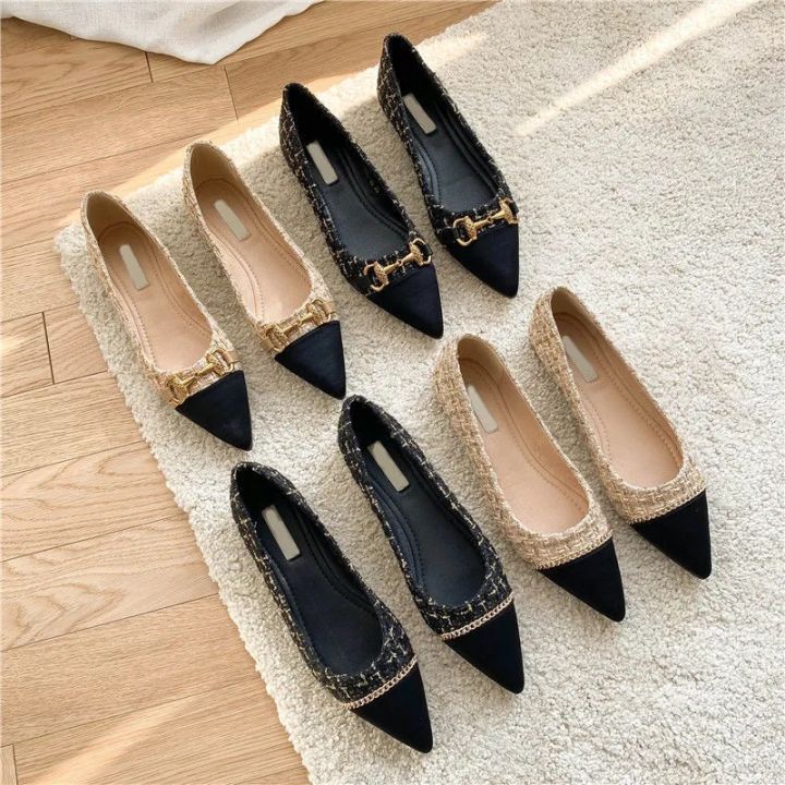 Womens Pointed Toe Small Fragrance Flat Black Shoes Lazada Lazada