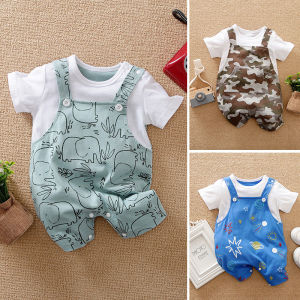 Baby Boys Girls Animal Cartoon Romper Faux-two Jumpsuit Cotton Short Sleeve Bodysuit For 0-18months Baby Summer Clothes
