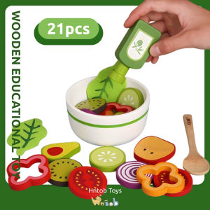 Hntob 21pcs Wooden Fruit Vegetable Salad Set Learning Resources Play Food Pretend Role Toy
