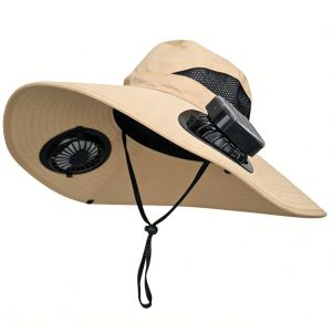 JON09 Dual Fan Solar Fan Hat 3 Speeds Breathable Wide Brim Sun Cap Comfortable To Wear UV Protection Fishing Bucket Hat Outdoor Travel