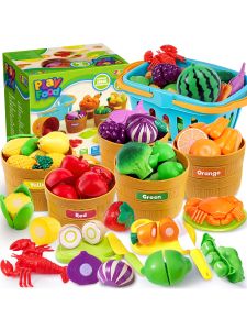 Joyfy 60 pcs Play Food Set for Kids Kitchen Color Sorting Toy Food for Boys Girls Pretend Play Fake Food Toy for Toddlers