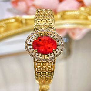SEQUITO High Quality Lady Jewelry Pave Setting Red Oval AAAAA Zirconia Copper Coin Shaped Hollow Out Big Bangle Engagement Wrist Accessories B335