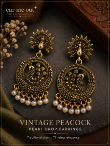 [SG] Vintage Peacock Pearl Drop Earrings | Antique Gold Statement Earrings | Traditional Indian Ethnic Earrings | Boho Festival Jewellery | ear me out (EMO-95)