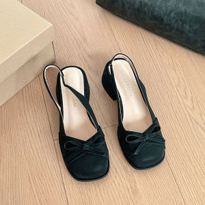 French Temperament Womens Singles Shoes Bow Hollow Toe Sandals Spring Gentle and Sweet Back Hollow Low Heels