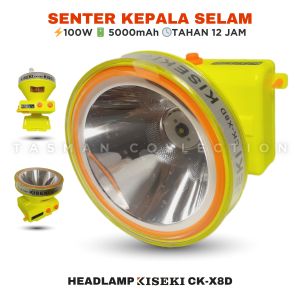 Senter Kepala Selam KISEKI 100 WATT Body Tahan Air KISEKI CK-X8D Cahaya Putih Jarak Sorot 1500 Meter Baterai Cas 5000mAh Tahan 12 Jam BONUS KACAMATA RENANG Laz COD - TASMAN COLLECTION