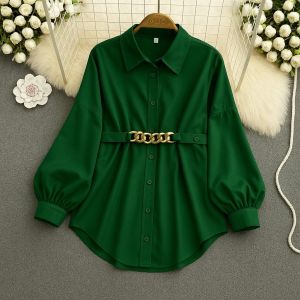 Kemeja Blouse Atasan Wanita Model Melda Polos Motif Belt Sabuk Rantai Lengan Panjang Bahan Crinkle Airflow