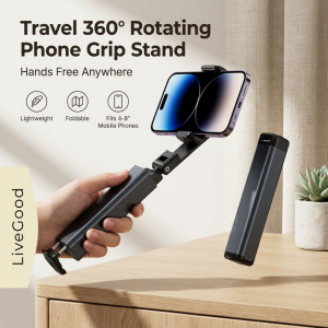 Livegood Travel 360° Rotating Phone Grip Stand | Foldable Adjustable Aluminium Mobile Phone Holder (4–8 Inch)