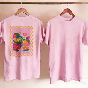 [Local Stock] HBESTY  With Frogs Lotus Flowers Scalloped Border Pink Graphic Print Tropical Design Short Sleeve T-Shirt High Quality Cotton Casual Tee