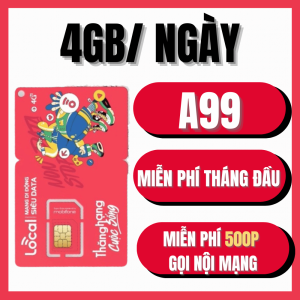 Sim 4G Local Gói A99 Chuyên DÙng Cho Khách Du Lịch - Data 4GB/ngày Thoải mái dùng mạng + Miễn phí gọi nội mạng mobi - MIỄN PHÍ 1 THÁNG ĐẦU TIÊN DÙNG KHÔNG NẠP TIỀN  - FREESHIP - CHƯA KÍCH HOẠT