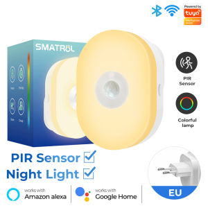SMATRUL Tuya Wifi Human Body Infrared Sensing wireless Light PIR Motion Sensor Induction Lamp Smart Led Night Light Eu Us Uk Plug In Wall Lamp Warm White RGB Smart Life App control Bedroom Voice control For Alexa Google Home