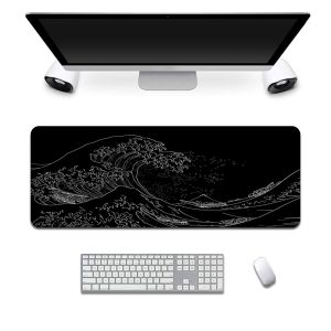 Large Gaming Mouse Pad Japan Black Sea Wave Mousepads With Non-Slip Rubber Base Mouse Mat 100x50 / 90x40 / 80x30cm