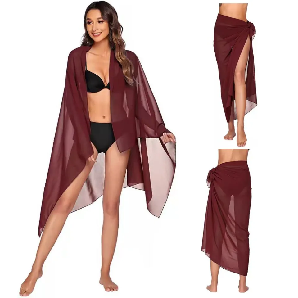 LUTER 2PCS Women Beach Sarong, 74.8x18.1inch, 190x46cm Short Transparent  Beach Wrap Sarong Bikini Cover Up Wrap Swimsuit Cover Up Skirt Sarong  Bathing