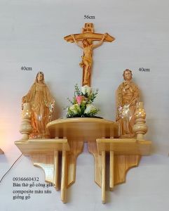 Bộ bàn thờ Thiên Chúa tượng 40cm Thánh giá Chúa chiunan 56cm chất liệu nhựa composite nâu kệ thờ gỗ thông 3 tầng sole đôi 2 bên hoa đèn đầy đủ