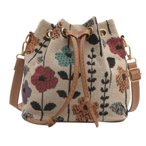 NALANILI Floral Pattern Bucket Bag Adjustable Drawstring Linen Fabric Shoulder Bag Fashion Ethnic Style Handbag Womens Fashion