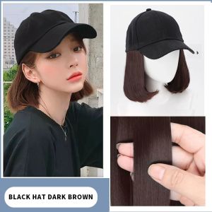 Baseball Hat Wigs for Women Long Straight Hair Black Cap Wig Adjustable Full Headgear One Hairpieces
