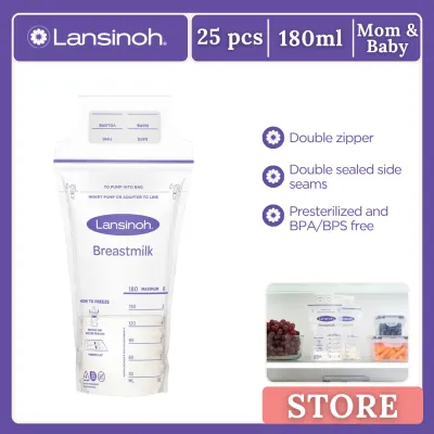 Lansinoh Presterilized Hygienically Doubled-Sealed for Refrigeration and Freezing Breastmilk Storage Bags 25pcs Ziplock 6oz BPA-free Leak Proof 180ml